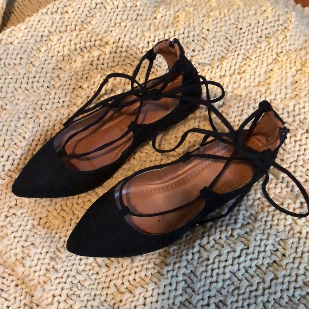 Candies Black Laceup Ballet Flats